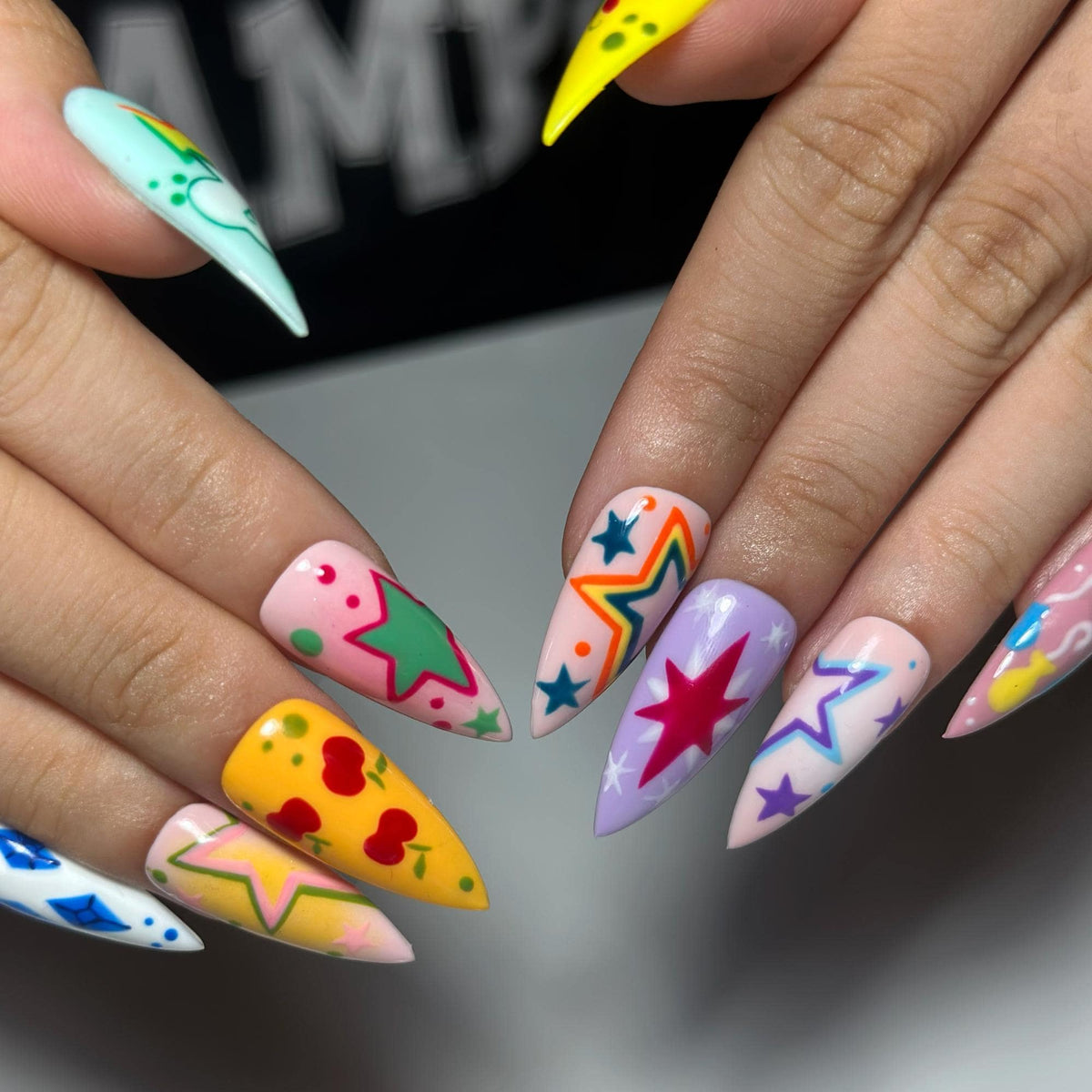 Colorful Press On Nails with Retro Star Art , Whimsical Hand Painted Nails , Funky Statement Nails for Trendy Gift  | JB527WC
