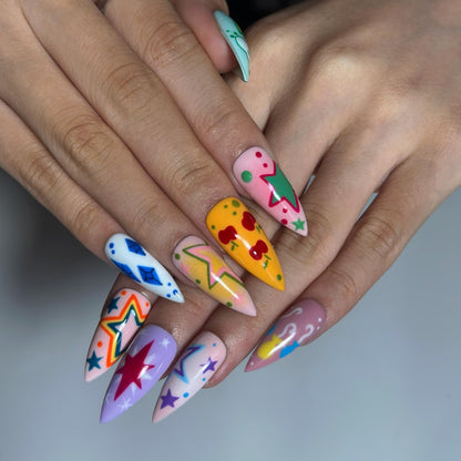 Colorful Press On Nails with Retro Star Art , Whimsical Hand Painted Nails , Funky Statement Nails for Trendy Gift  | JB527WC