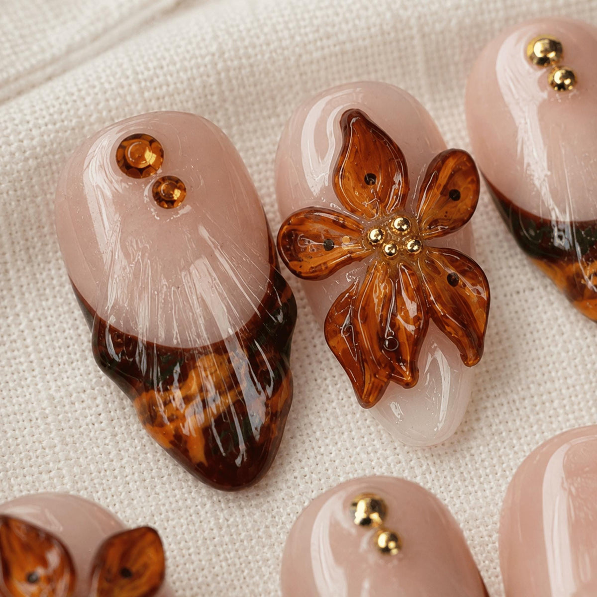 Amber Fall Press On Nails, Tortoise Shell Nails, 3D Flower Handmade Nails, Brown Fake Nail Set