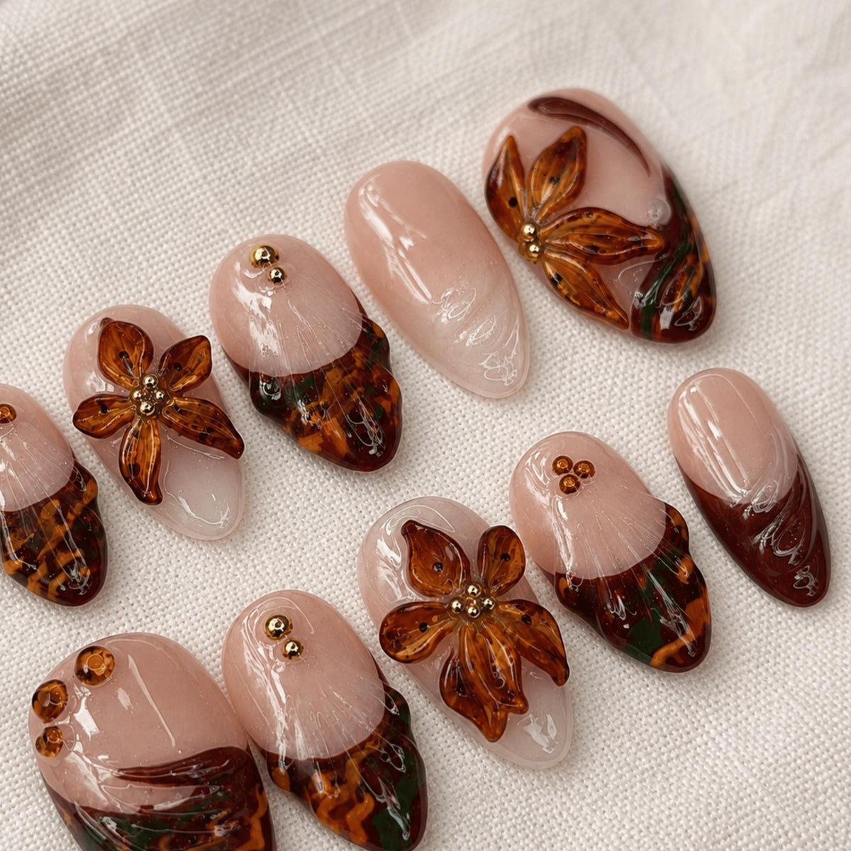Amber Fall Press On Nails, Tortoise Shell Nails, 3D Flower Handmade Nails, Brown Fake Nail Set