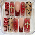 Red Gold Gothic Press-On Nails, Cross Charm Leopard Print Set (10 Pcs)