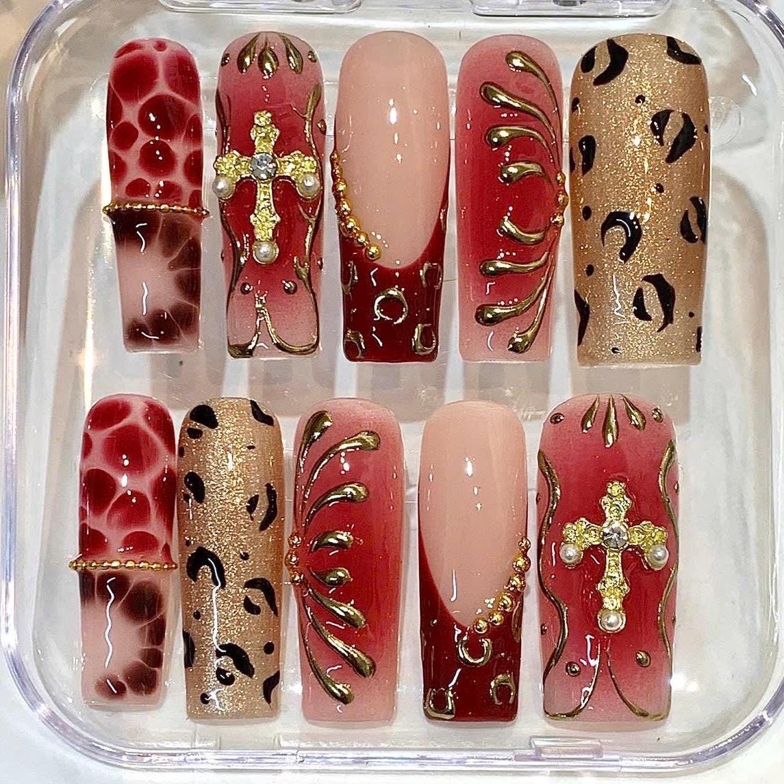 Red Gold Gothic Press-On Nails, Cross Charm Leopard Print Set (10 Pcs)