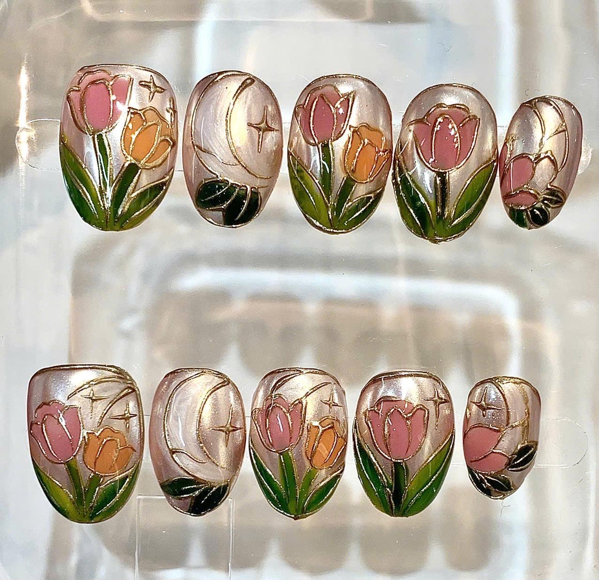 Handmade Tulip Press On Nails, Pink Floral Moon Star Art, Stained Glass Spring Garden
