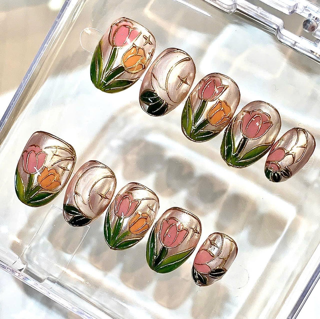 Handmade Tulip Press On Nails, Pink Floral Moon Star Art, Stained Glass Spring Garden