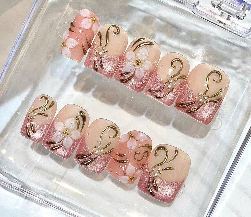 Pink Floral 3D Pearl French Tip Nails, Elegant Square Press-On Set