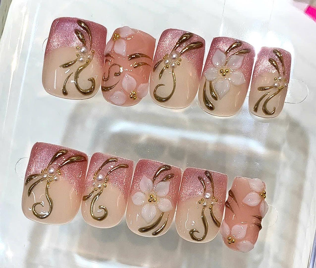 Pink Floral 3D Pearl French Tip Nails, Elegant Square Press-On Set