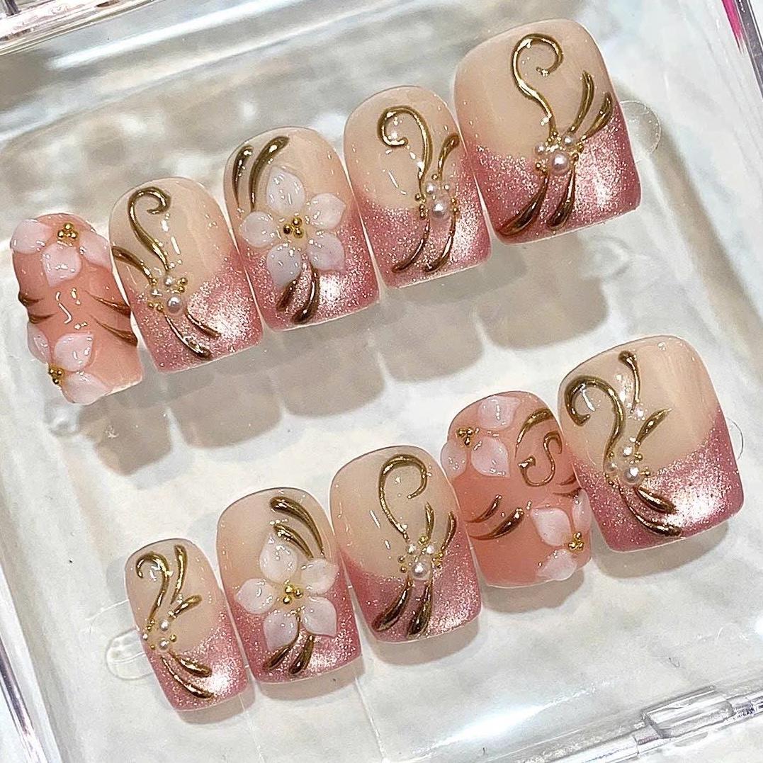 Pink Floral 3D Pearl French Tip Nails, Elegant Square Press-On Set