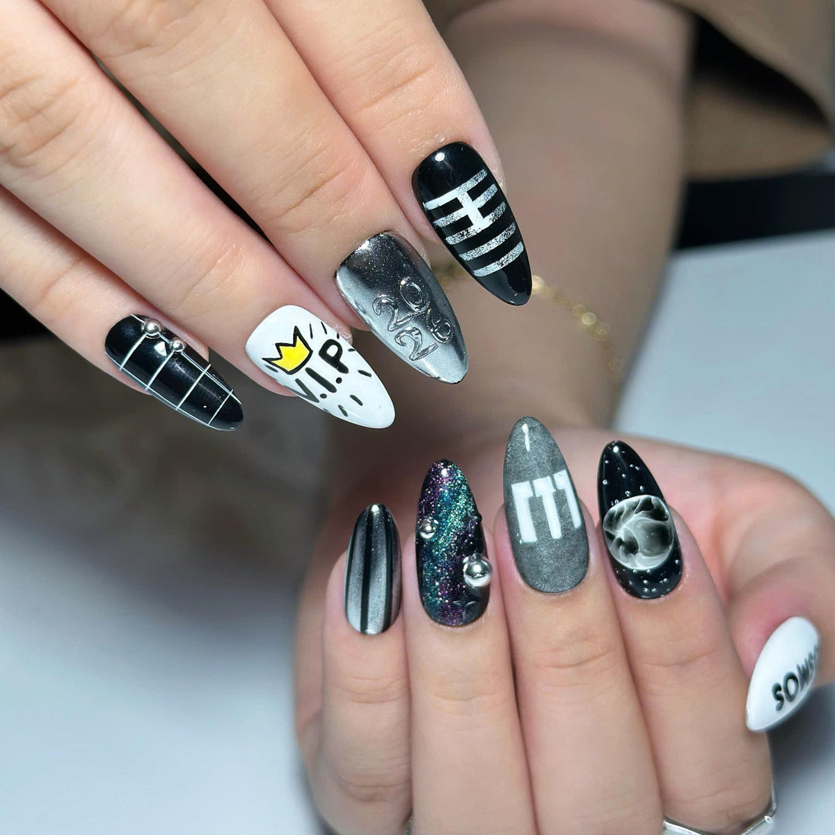 Kpop Concert Press On Nails with Silver Chrome | Black White Crown Nail Art | Korean Pop Fan Nails for Concert, Music Festival | JB503UC