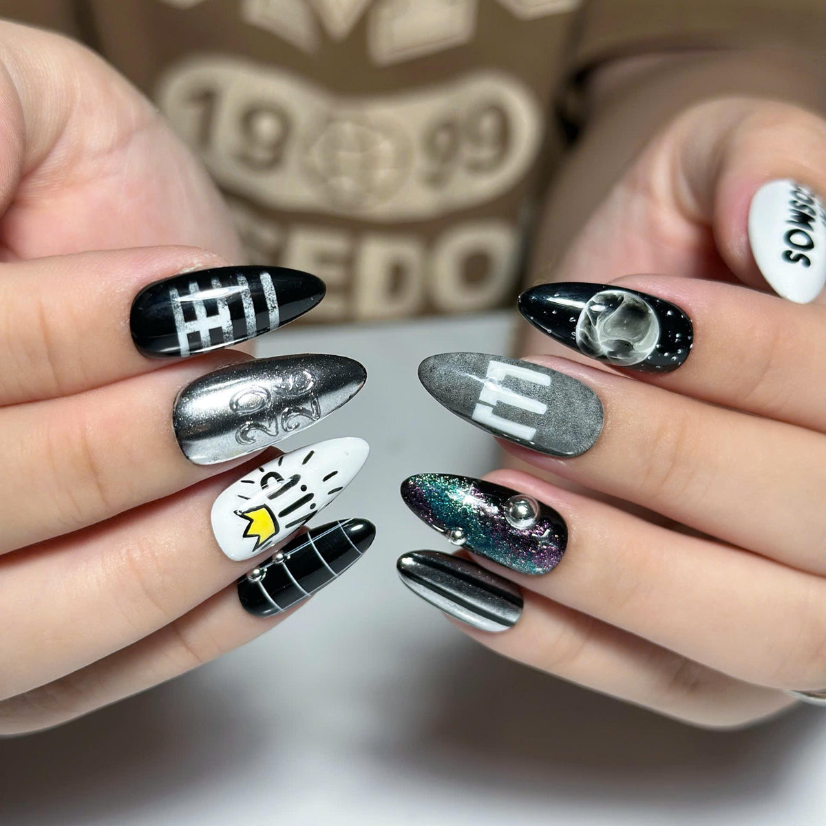 Kpop Concert Press On Nails with Silver Chrome | Black White Crown Nail Art | Korean Pop Fan Nails for Concert, Music Festival | JB503UC