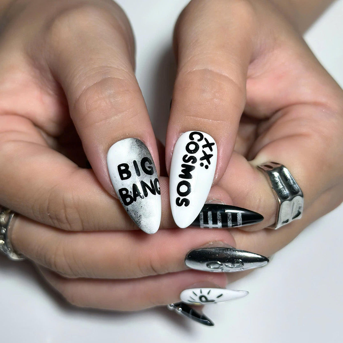 Kpop Concert Press On Nails with Silver Chrome | Black White Crown Nail Art | Korean Pop Fan Nails for Concert, Music Festival | JB503UC