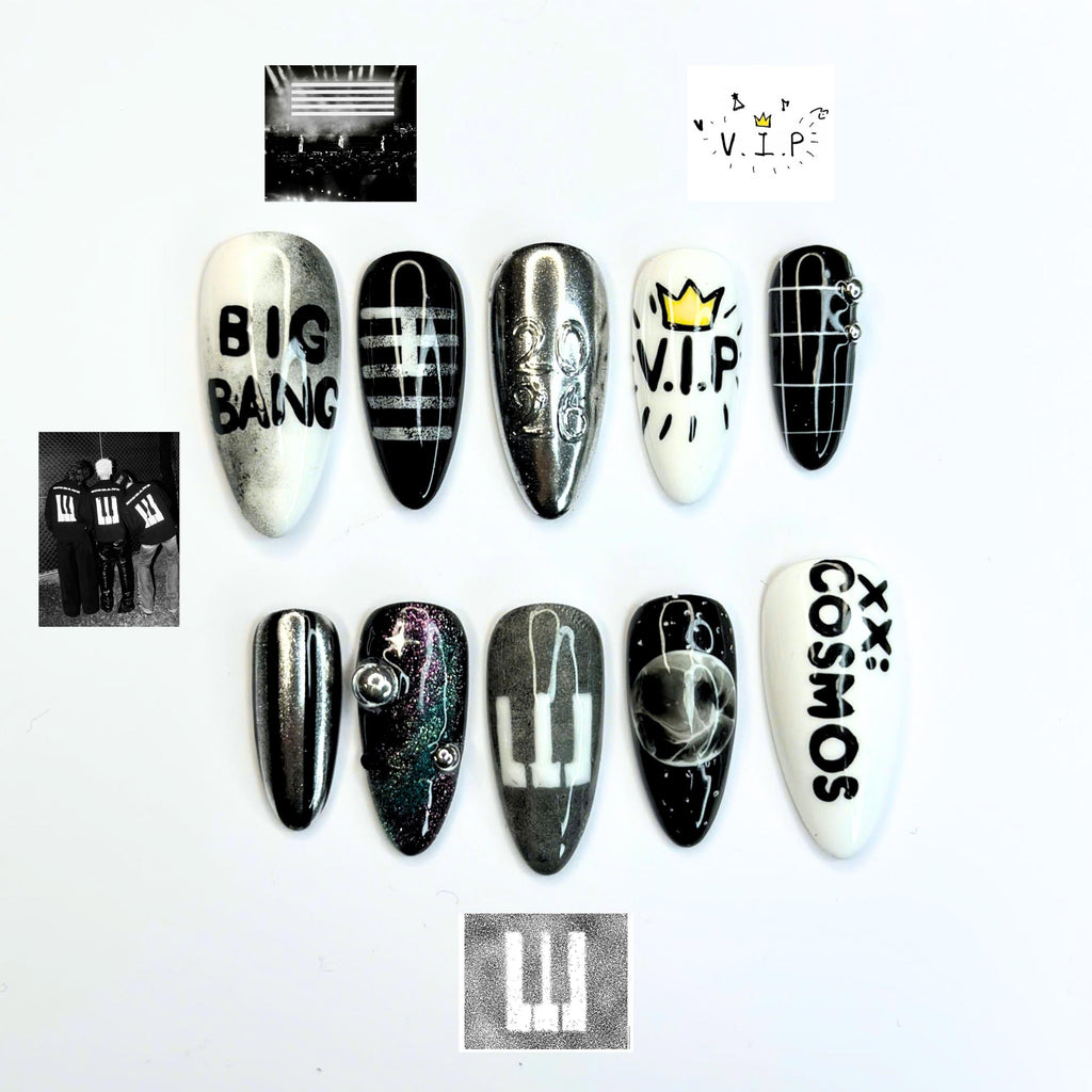 Kpop Concert Press On Nails with Silver Chrome | Black White Crown Nail Art | Korean Pop Fan Nails for Concert, Music Festival | JB503UC