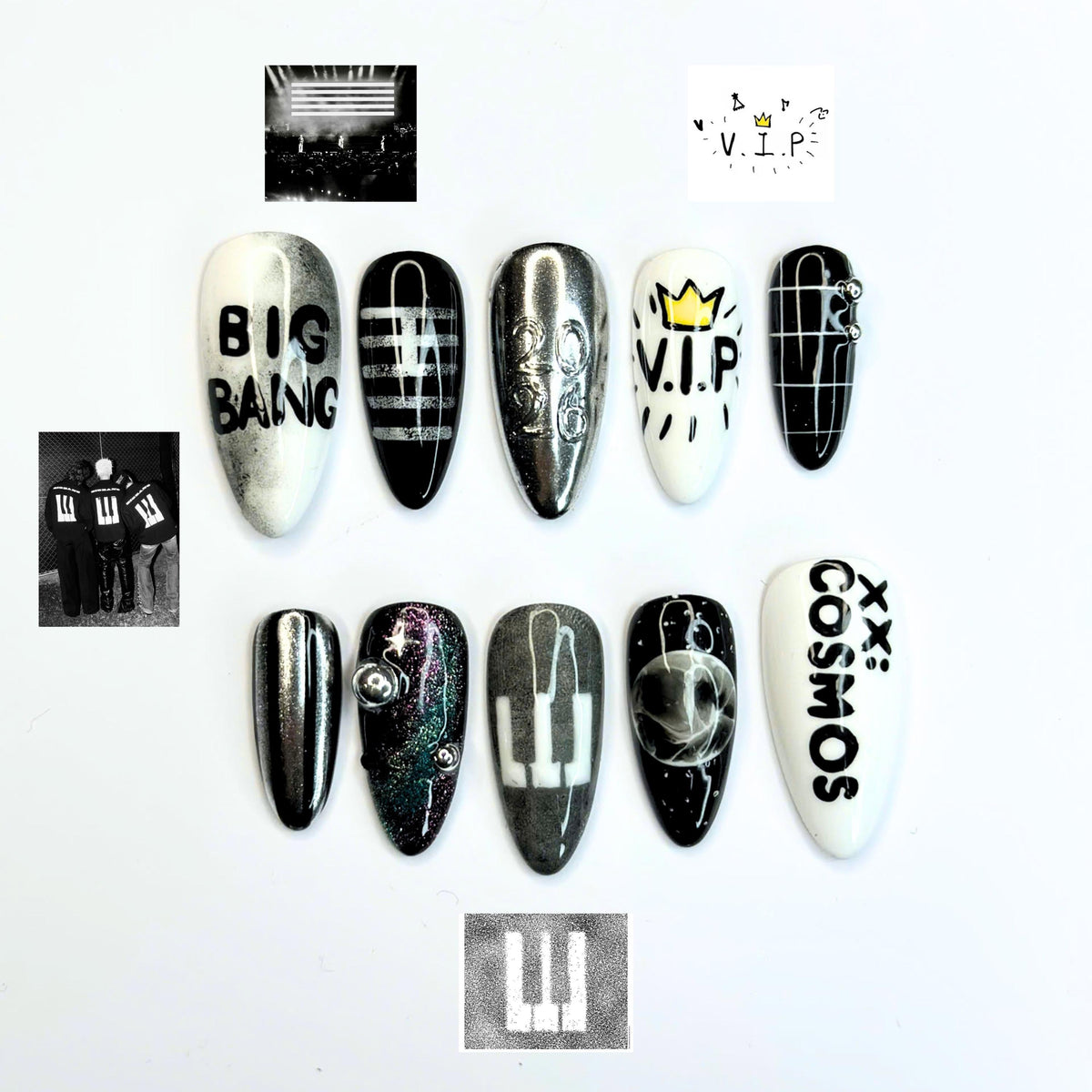Kpop Concert Press On Nails with Silver Chrome | Black White Crown Nail Art | Korean Pop Fan Nails for Concert, Music Festival | JB503UC