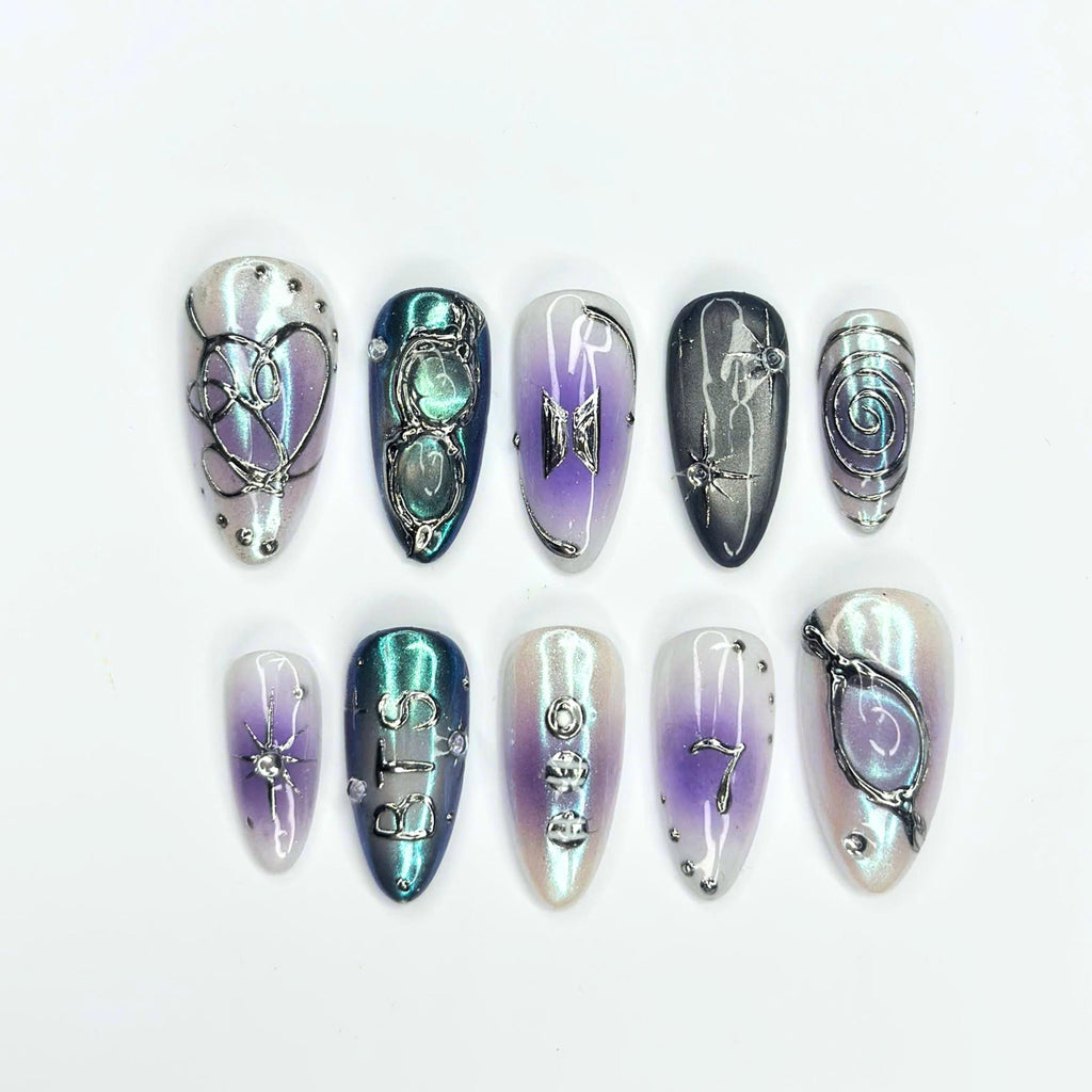 Kpop Press On Nails with Purple Aura & Silver Charms | 7 Member Inspired Chrome Nails | Korean Pop Concert Nails for Fan Gift | JB495UC