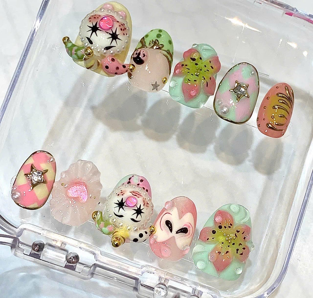 Whimsical Pastel Press-On Nails, 3D Clown Floral Charm Art (Reusable)