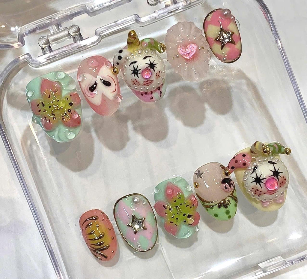 Whimsical Pastel Press-On Nails, 3D Clown Floral Charm Art (Reusable)