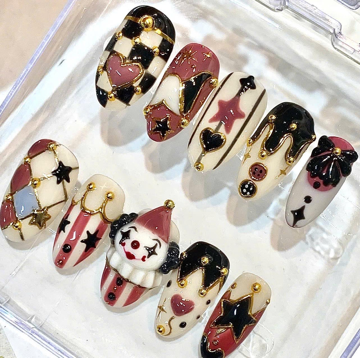 Whimsical Press-On Nails, 3D Star Heart Charm, Checker Pattern, Clown Design (Set of 10)