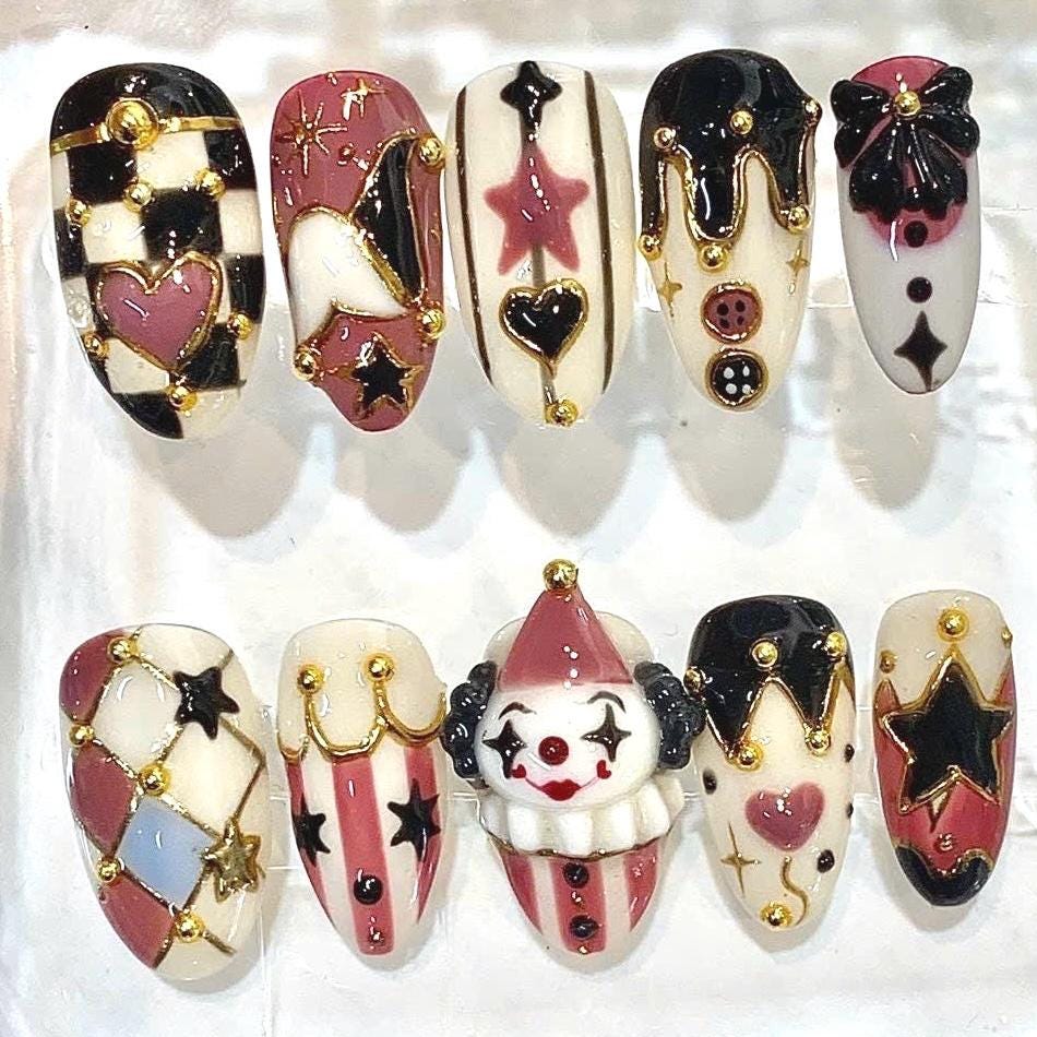 Whimsical Press-On Nails, 3D Star Heart Charm, Checker Pattern, Clown Design (Set of 10)