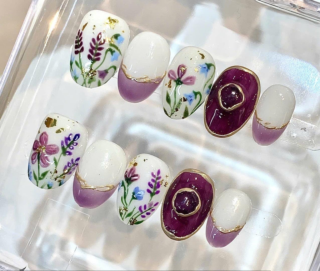 Hand Painted Floral French Tip Press On Nails, Botanical Gold Accent Set