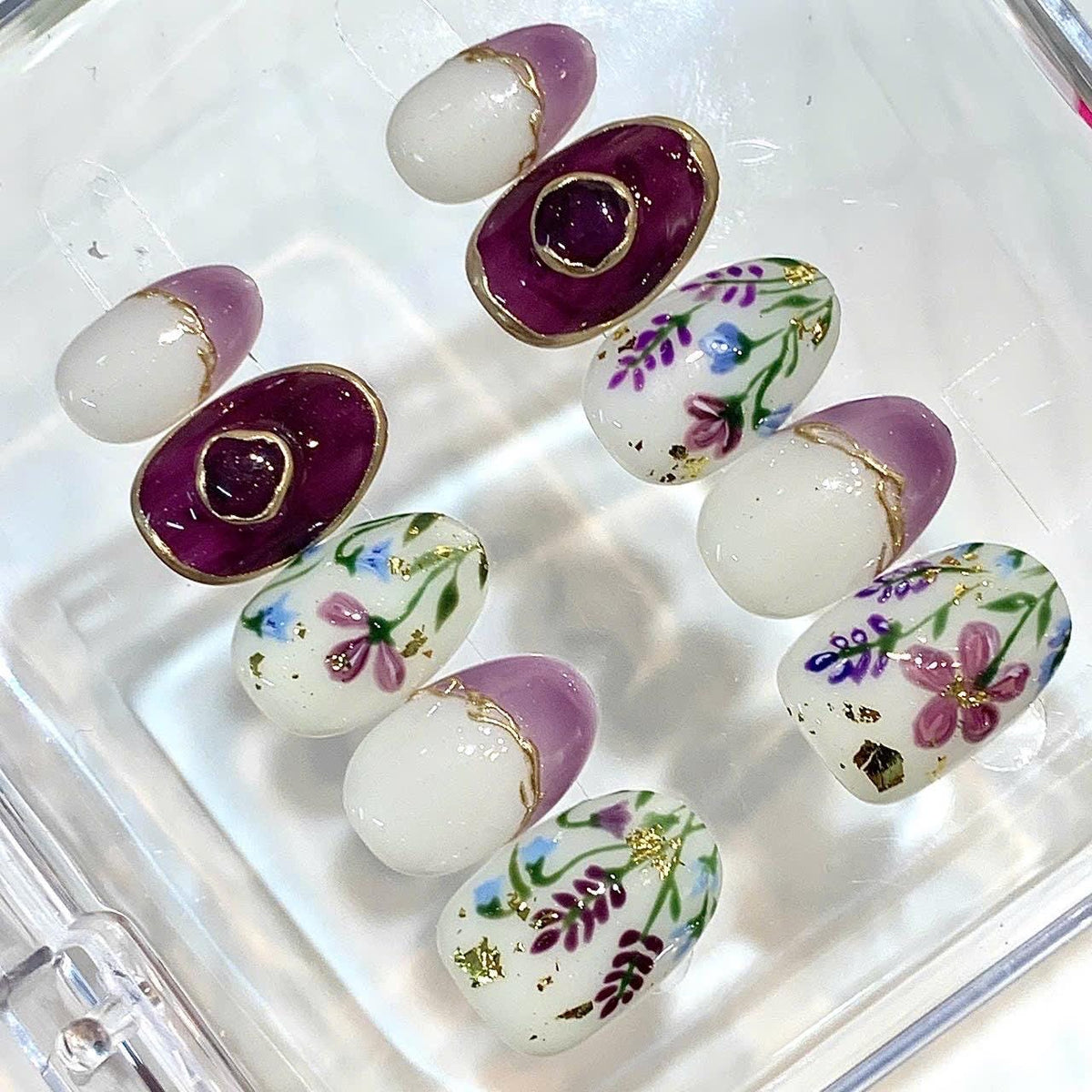 Hand Painted Floral French Tip Press On Nails, Botanical Gold Accent Set