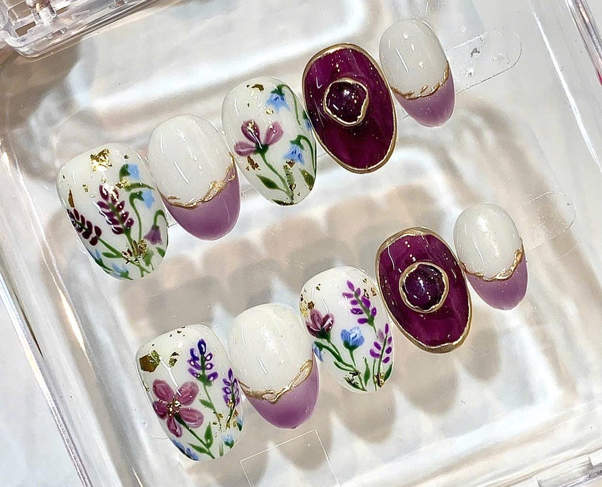 Hand Painted Floral French Tip Press On Nails, Botanical Gold Accent Set