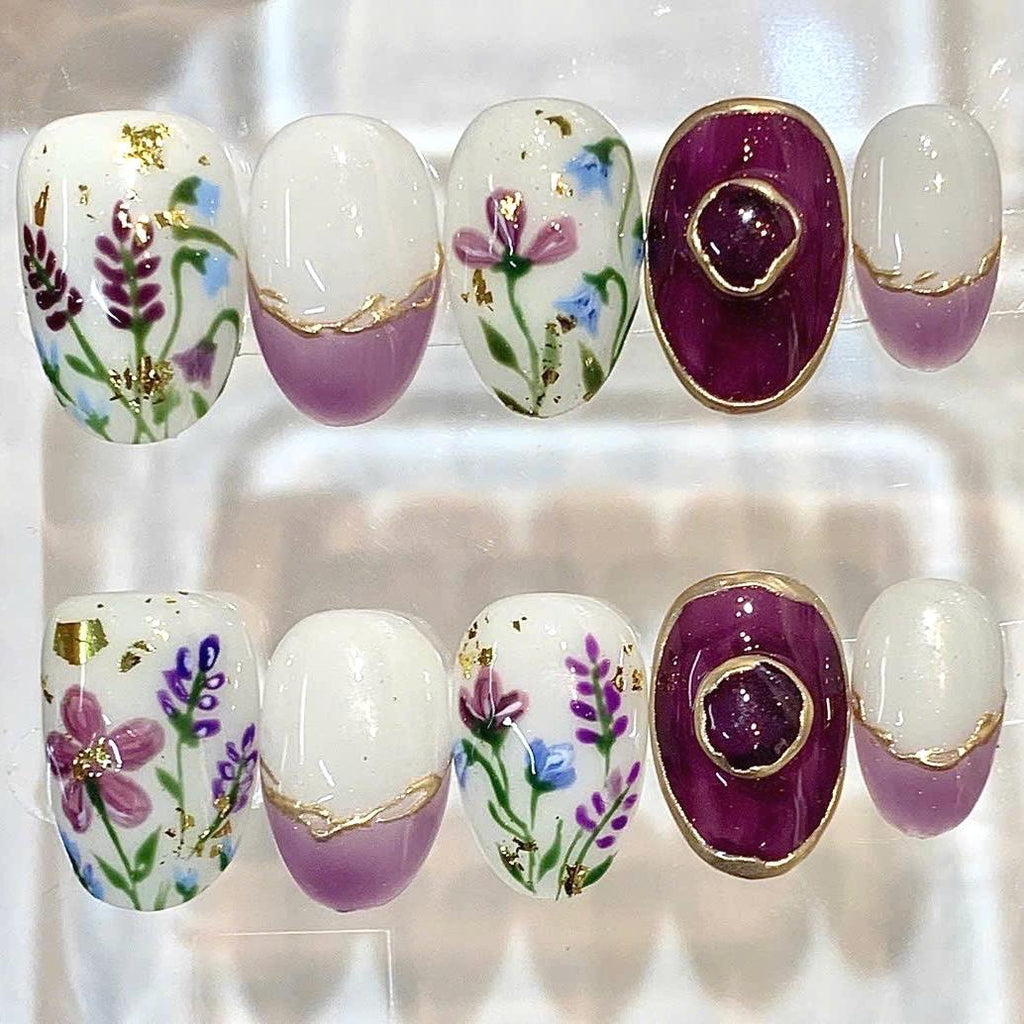 Hand Painted Floral French Tip Press On Nails, Botanical Gold Accent Set