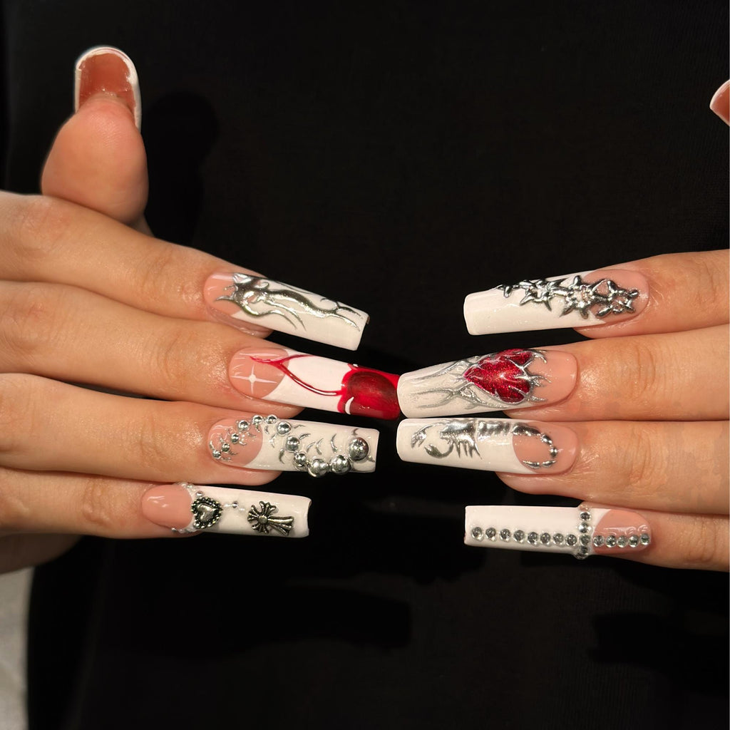 Gothic Press On Nails with Silver Chrome Cross , Red Heart 3D Nail Art , Handmade Long Square Nails for Y2K Grunge Style | JB504WI