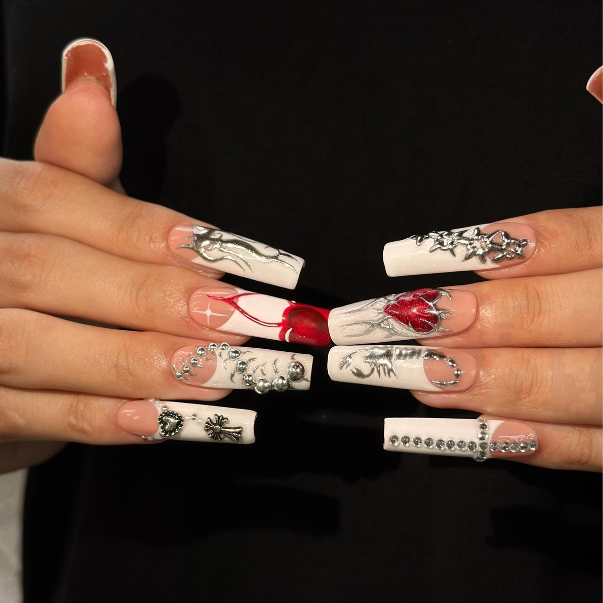 Gothic Press On Nails with Silver Chrome Cross , Red Heart 3D Nail Art , Handmade Long Square Nails for Y2K Grunge Style | JB504WI