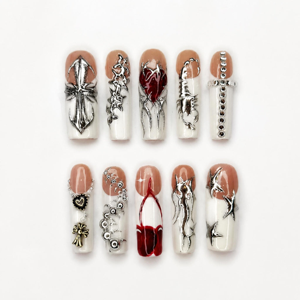 Gothic Press On Nails with Silver Chrome Cross , Red Heart 3D Nail Art , Handmade Long Square Nails for Y2K Grunge Style | JB504WI