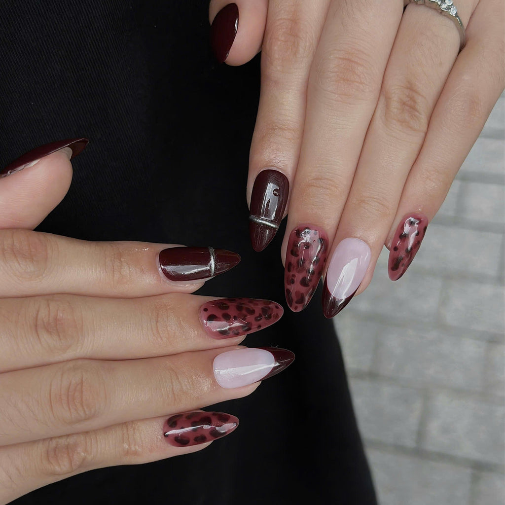 Burgundy Press On Nails with Leopard Print | Dark Red French Tip Fake Nails | Handmade Animal Print Nails for Fall, Party | JB508UC