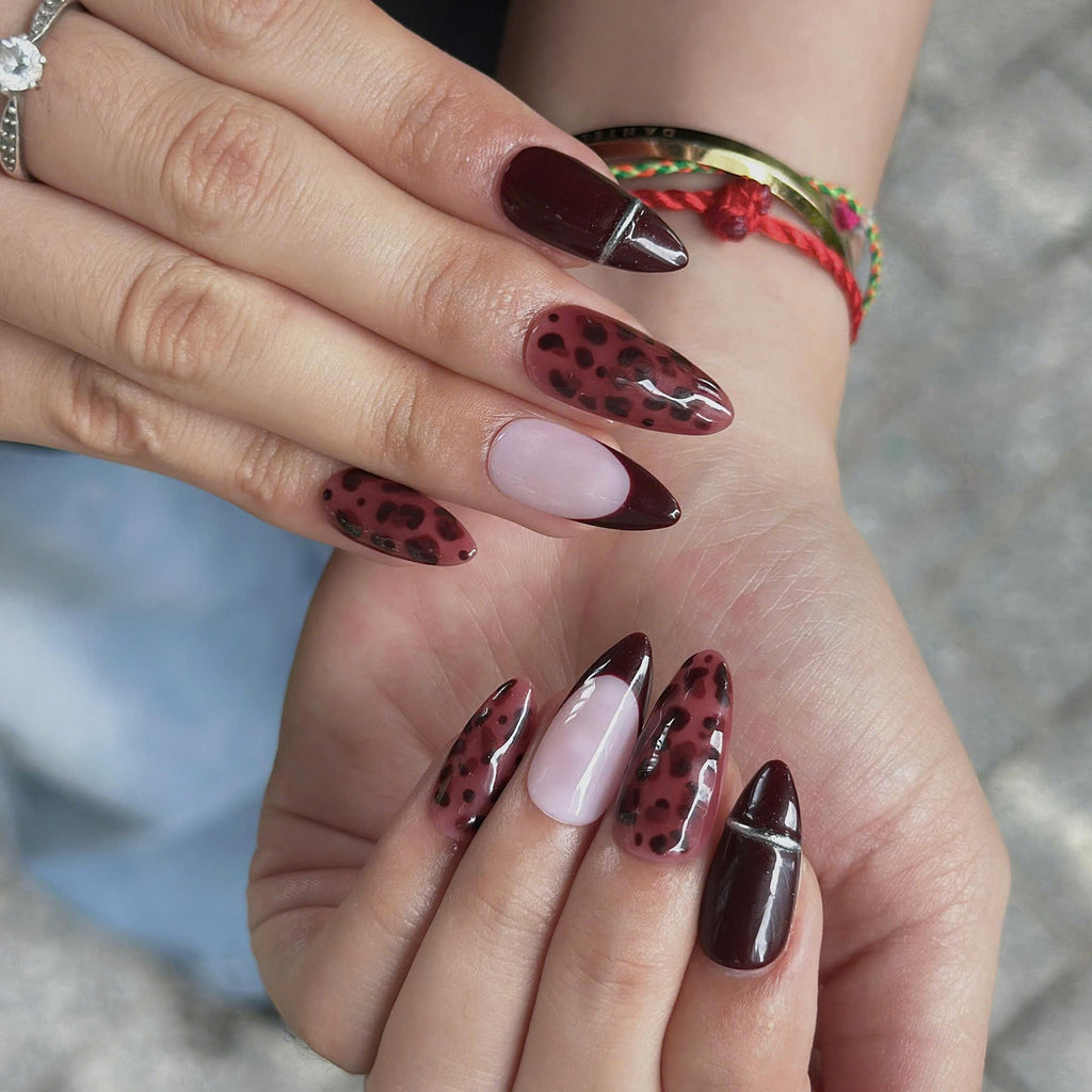 Burgundy Press On Nails with Leopard Print | Dark Red French Tip Fake Nails | Handmade Animal Print Nails for Fall, Party | JB508UC