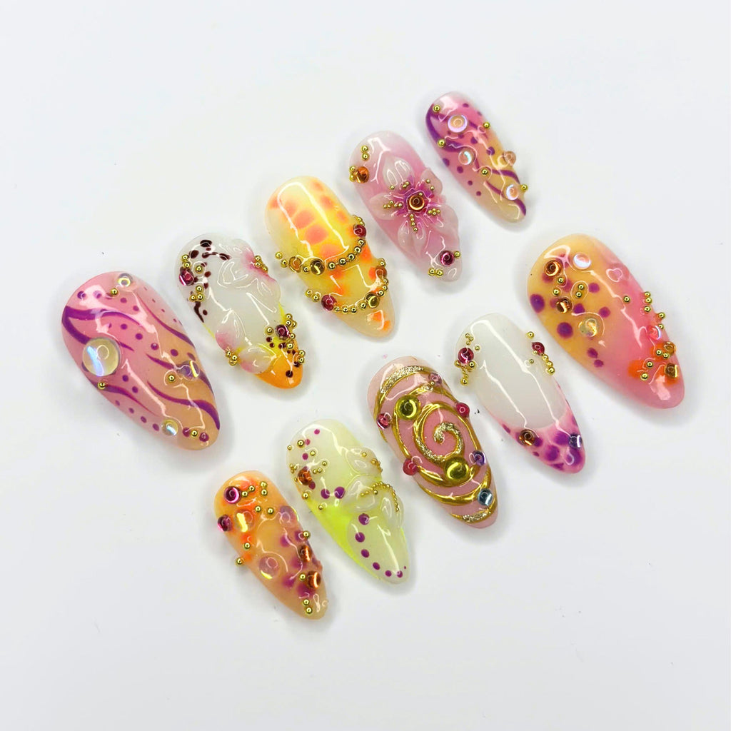 Abstract Press On Nails with 3D Gold Swirls | Aura Fake Nails with Crystal Charms | Handmade Maximalist Nail Art for Party | JB509UC