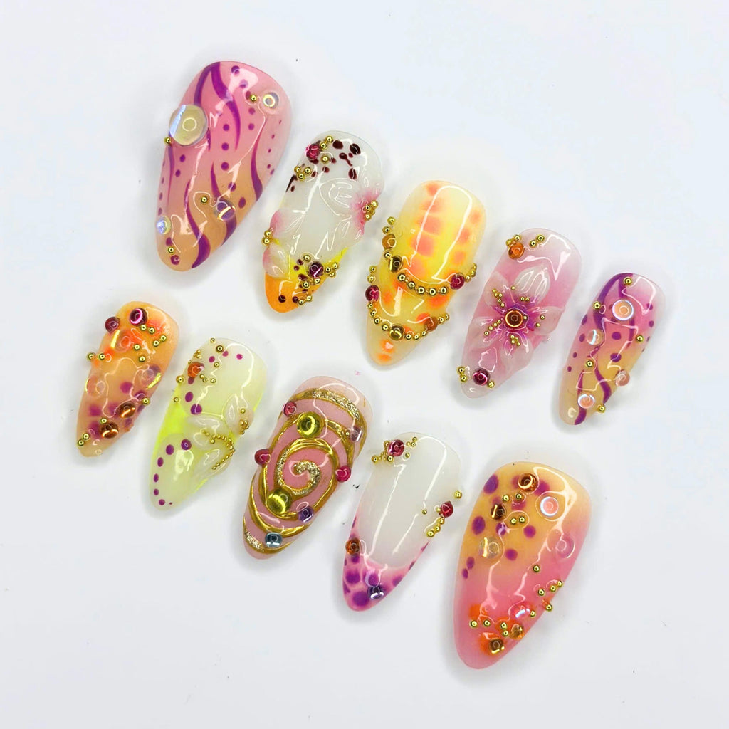 Abstract Press On Nails with 3D Gold Swirls | Aura Fake Nails with Crystal Charms | Handmade Maximalist Nail Art for Party | JB509UC