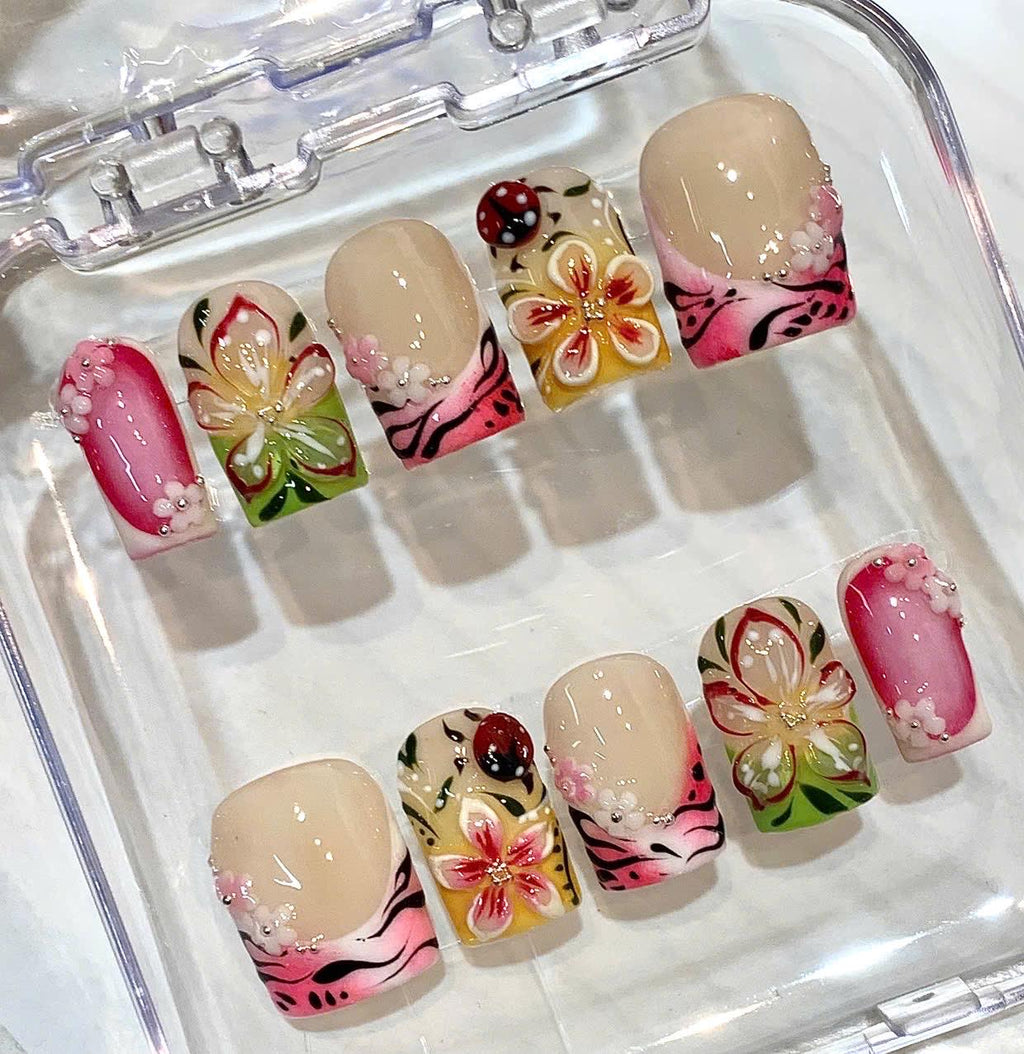 Hand-Painted Pink Floral Garden Square French Tip Nails, 3D Spring Nail Set