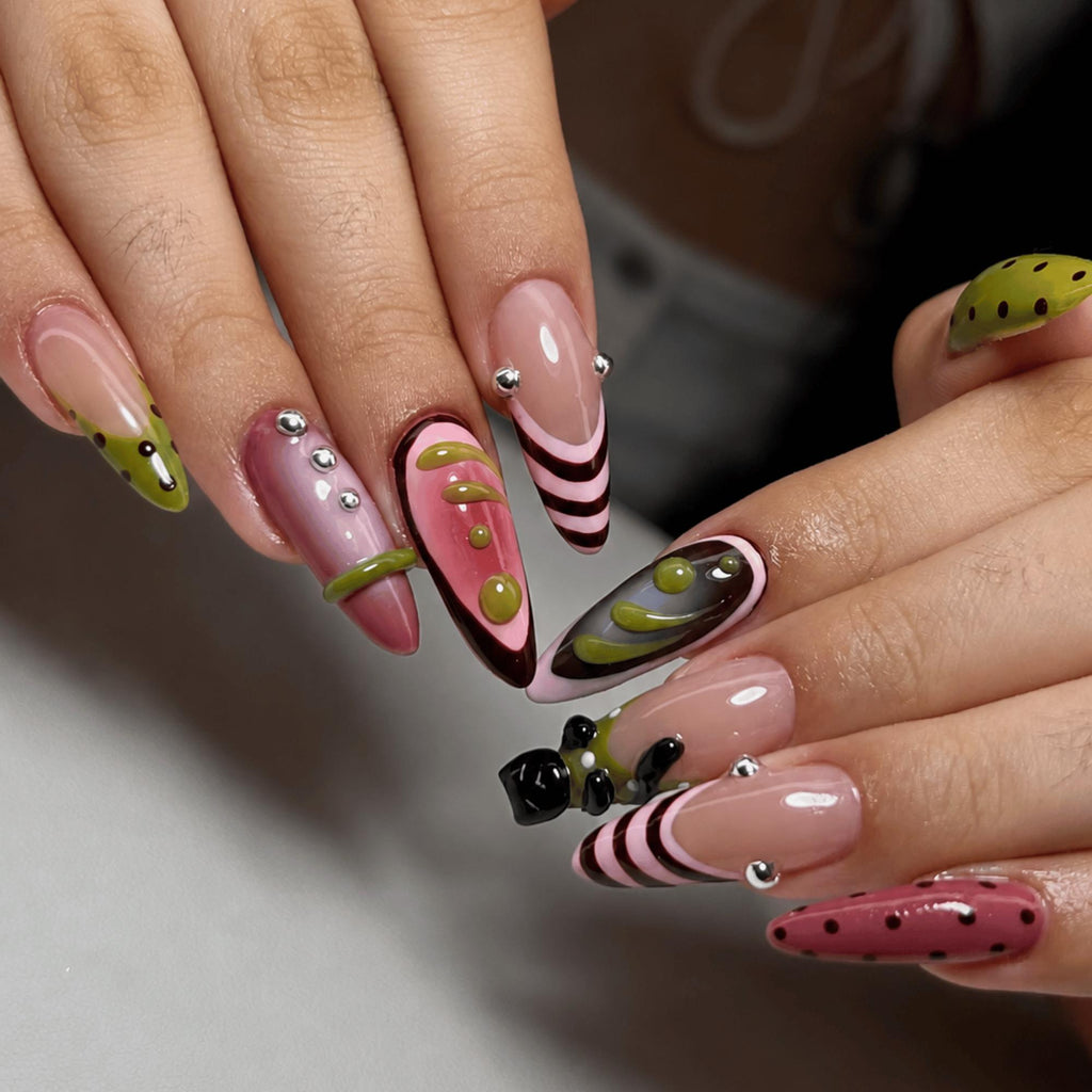 Retro Black Cat Press On Nails, 3D Polka Dot Nails, Pink Green Funky Nail Art