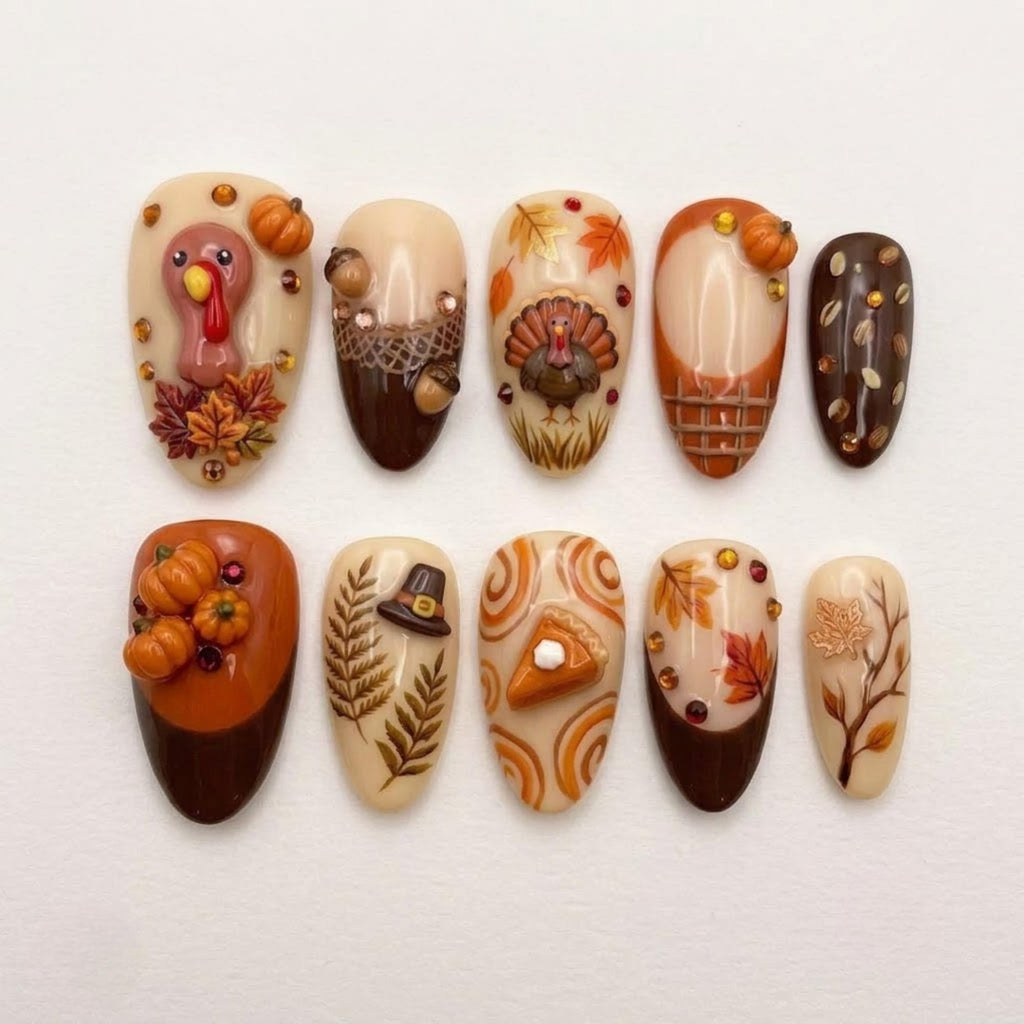 Thanksgiving Turkey Press On Nails | Autumn Harvest Pumpkin Pie | Cute 3D Almond Nail | Fall Leaves Pattern Nail | 3D Sculpted Art Nail