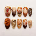 Thanksgiving Turkey Press On Nails | Autumn Harvest Pumpkin Pie | Cute 3D Almond Nail | Fall Leaves Pattern Nail | 3D Sculpted Art Nail