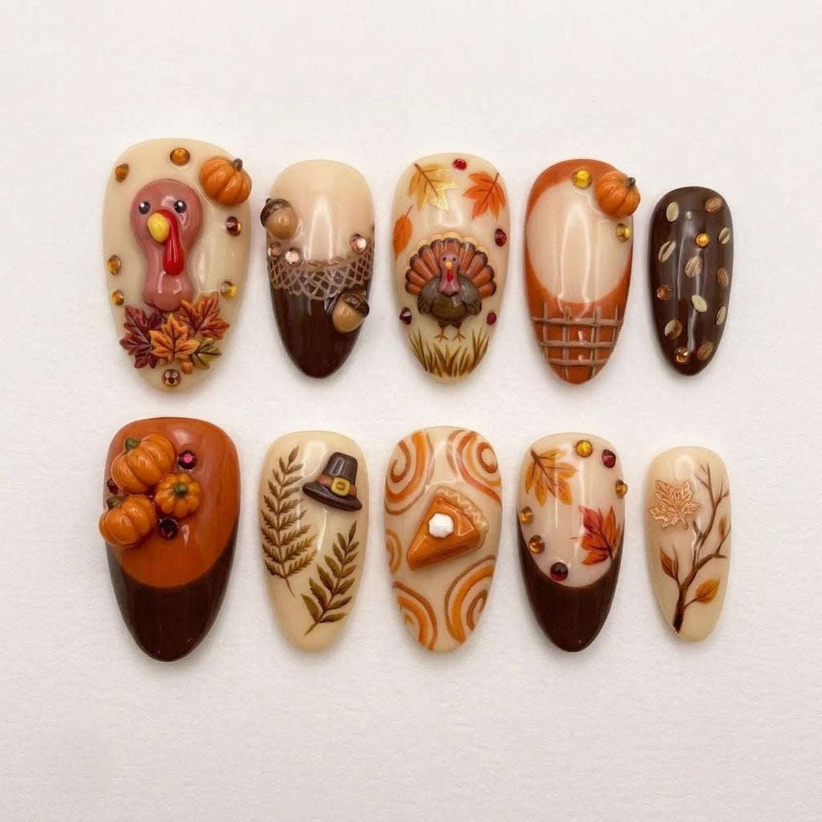 Thanksgiving Turkey Press On Nails | Autumn Harvest Pumpkin Pie | Cute 3D Almond Nail | Fall Leaves Pattern Nail | 3D Sculpted Art Nail