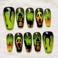Scream Halloween Press On Nails, Spooky Green Ghost and Pumpkin Nail Art
