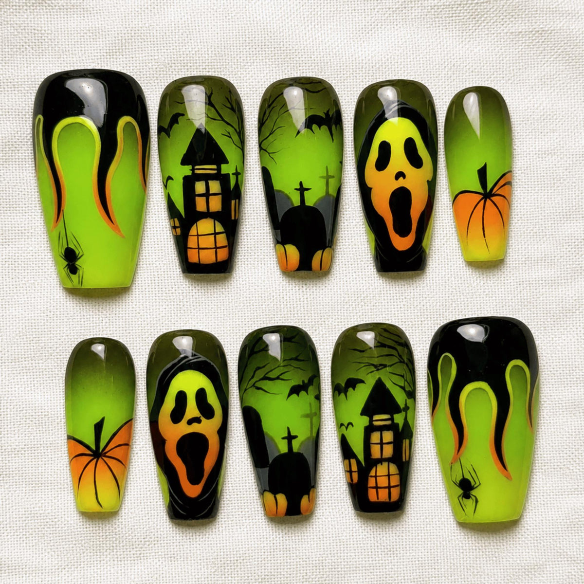 Scream Halloween Press On Nails, Spooky Green Ghost and Pumpkin Nail Art