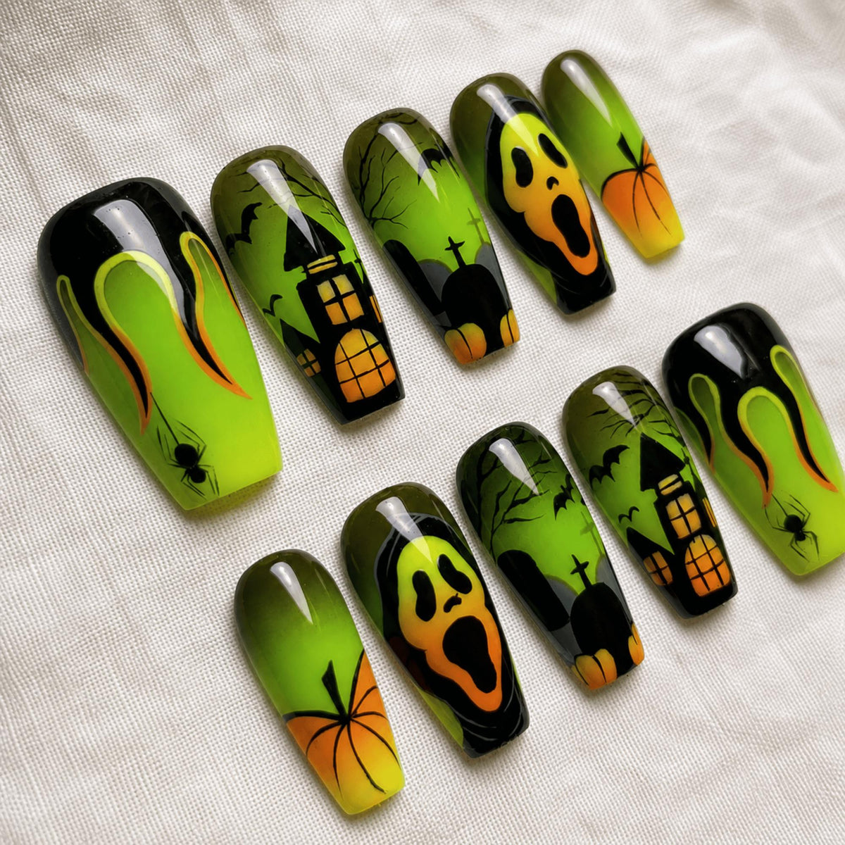 Scream Halloween Press On Nails, Spooky Green Ghost and Pumpkin Nail Art