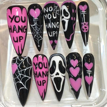 Horror Scream Press On Nails: Pink Black Spooky Spider Web Nail Art