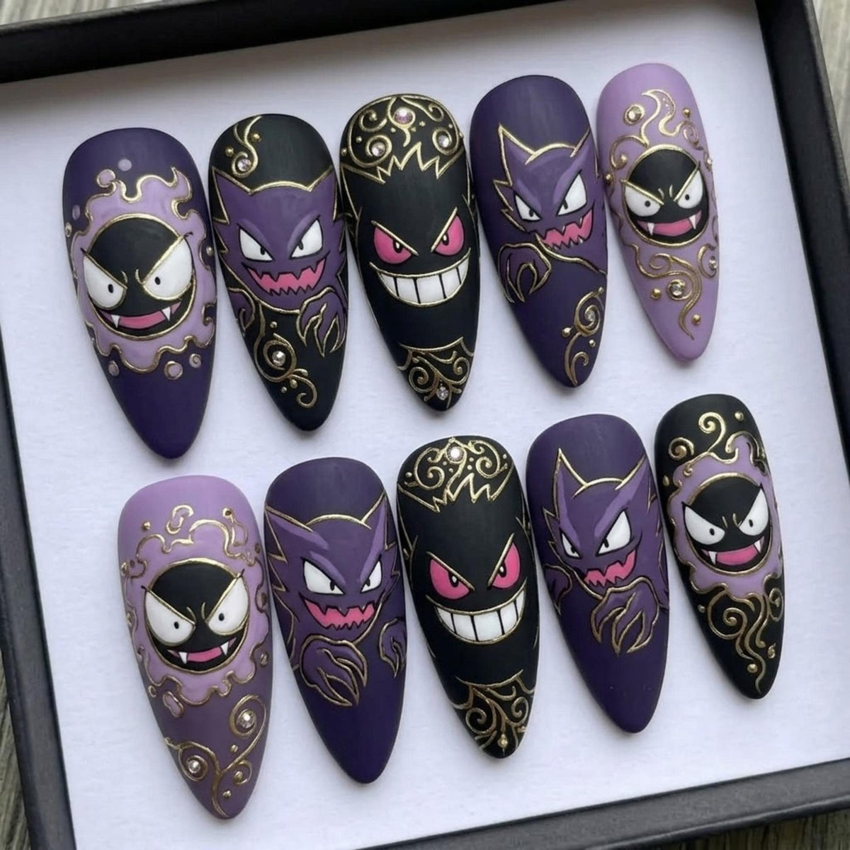 Pokemon Ge.ngar Press On Nails | Anime Ghost Monster Theme |Dark Gothic Almond Shape | 3D Gold Swirl Nails | Hand Painted Art Nail