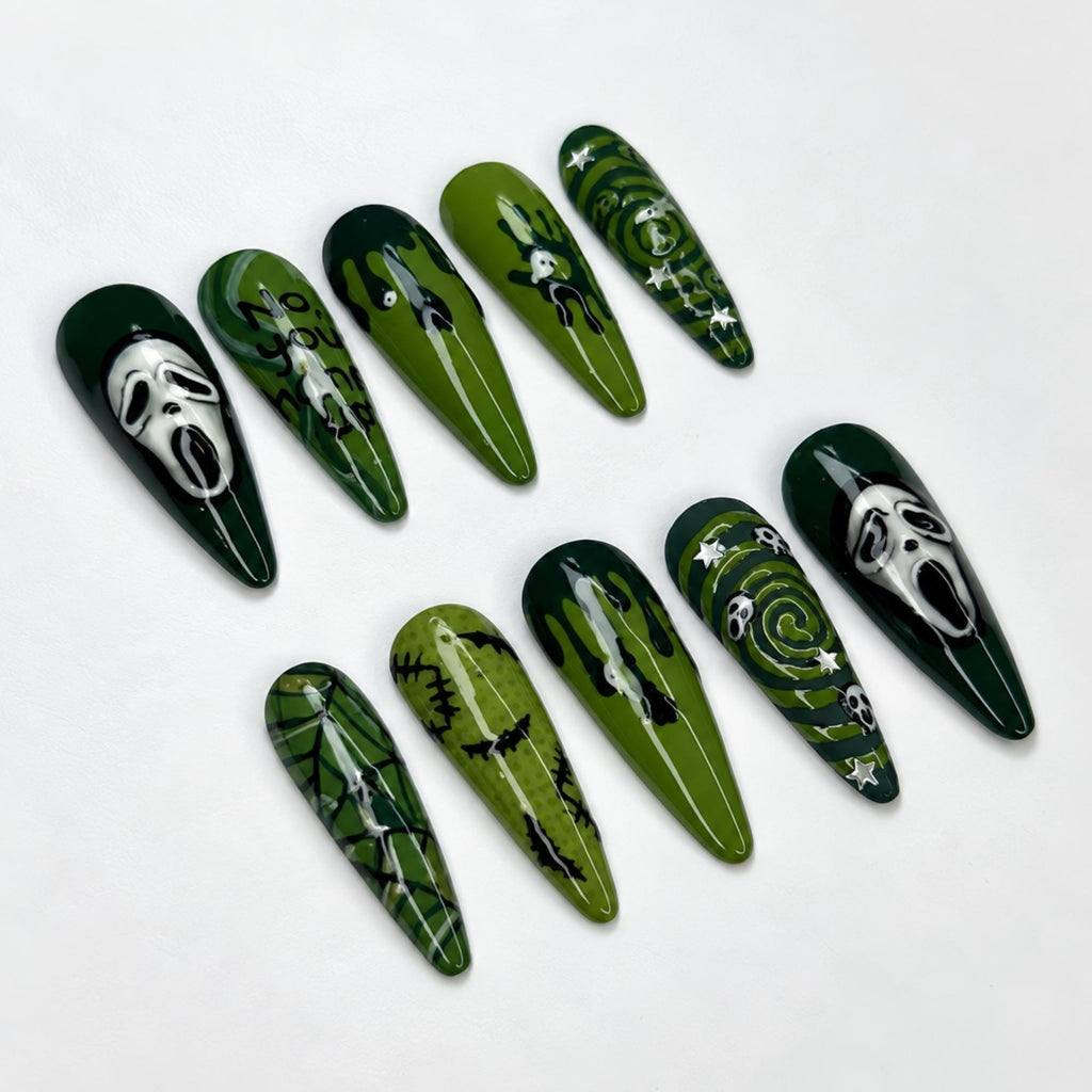 Halloween Press On Nails with Ghost Mask Art , Green Horror Nails , Long Stiletto Spooky Nail Set  | JB529WA