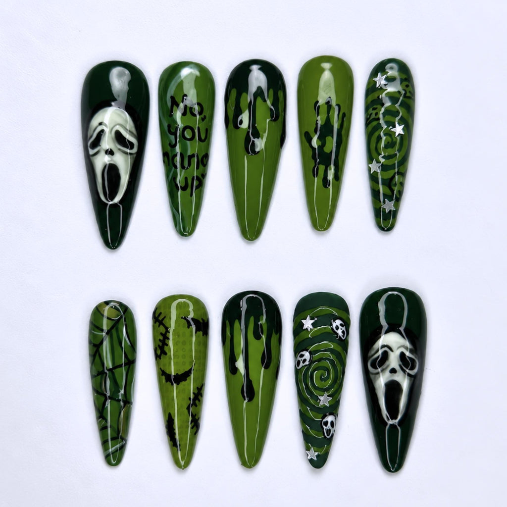 Halloween Press On Nails with Ghost Mask Art , Green Horror Nails , Long Stiletto Spooky Nail Set  | JB529WA