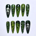 Halloween Press On Nails with Ghost Mask Art , Green Horror Nails , Long Stiletto Spooky Nail Set  | JB529WA