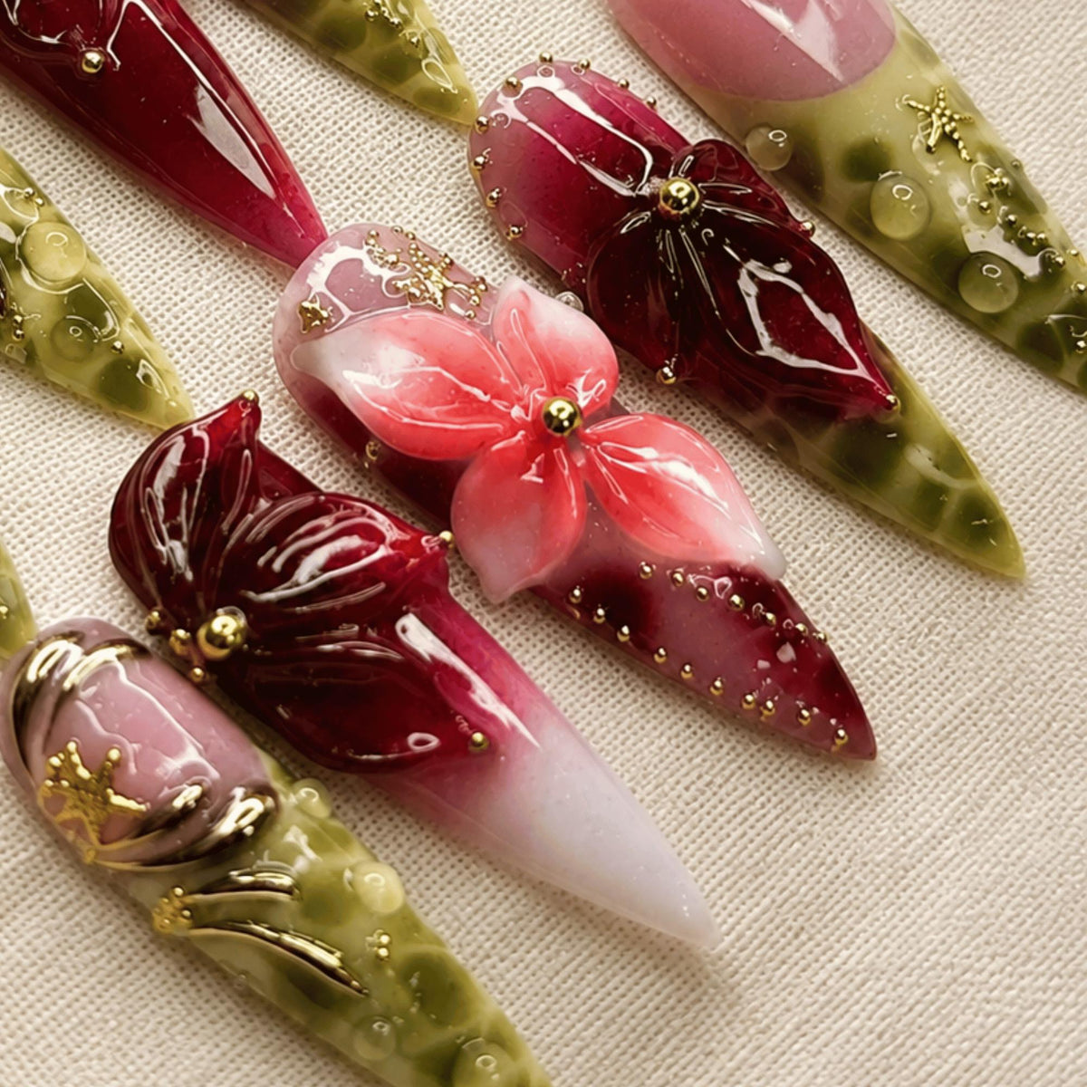 Burgundy Green Floral Press On Nails, 3D Botanical Gold Accent Stiletto Nails