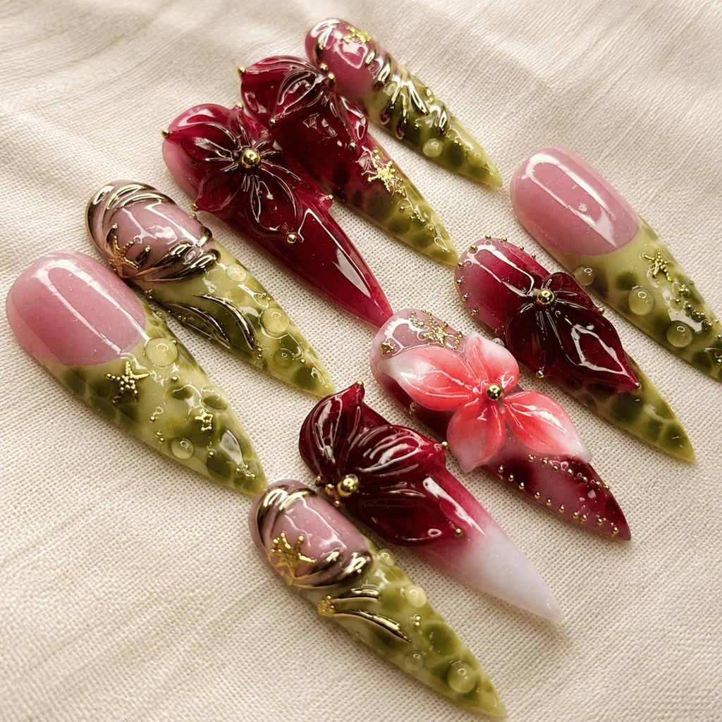 Burgundy Green Floral Press On Nails, 3D Botanical Gold Accent Stiletto Nails