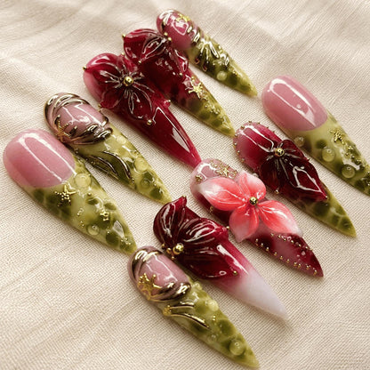 Burgundy Green Floral Press On Nails, 3D Botanical Gold Accent Stiletto Nails