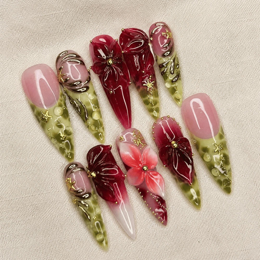 Burgundy Green Floral Press On Nails, 3D Botanical Gold Accent Stiletto Nails