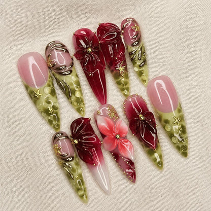 Burgundy Green Floral Press On Nails, 3D Botanical Gold Accent Stiletto Nails
